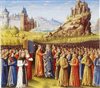 Louis VII prend la croix  Vzelay en prsence de l'vque de Versailles et de saint Bernard. Miniature vers 1490.