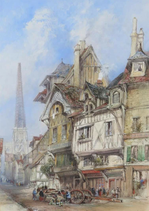 Rouen, market produce falling from a cart by a cathedral - 1867