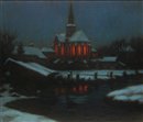 L\'glise de Blainville illumine sous la Neige.